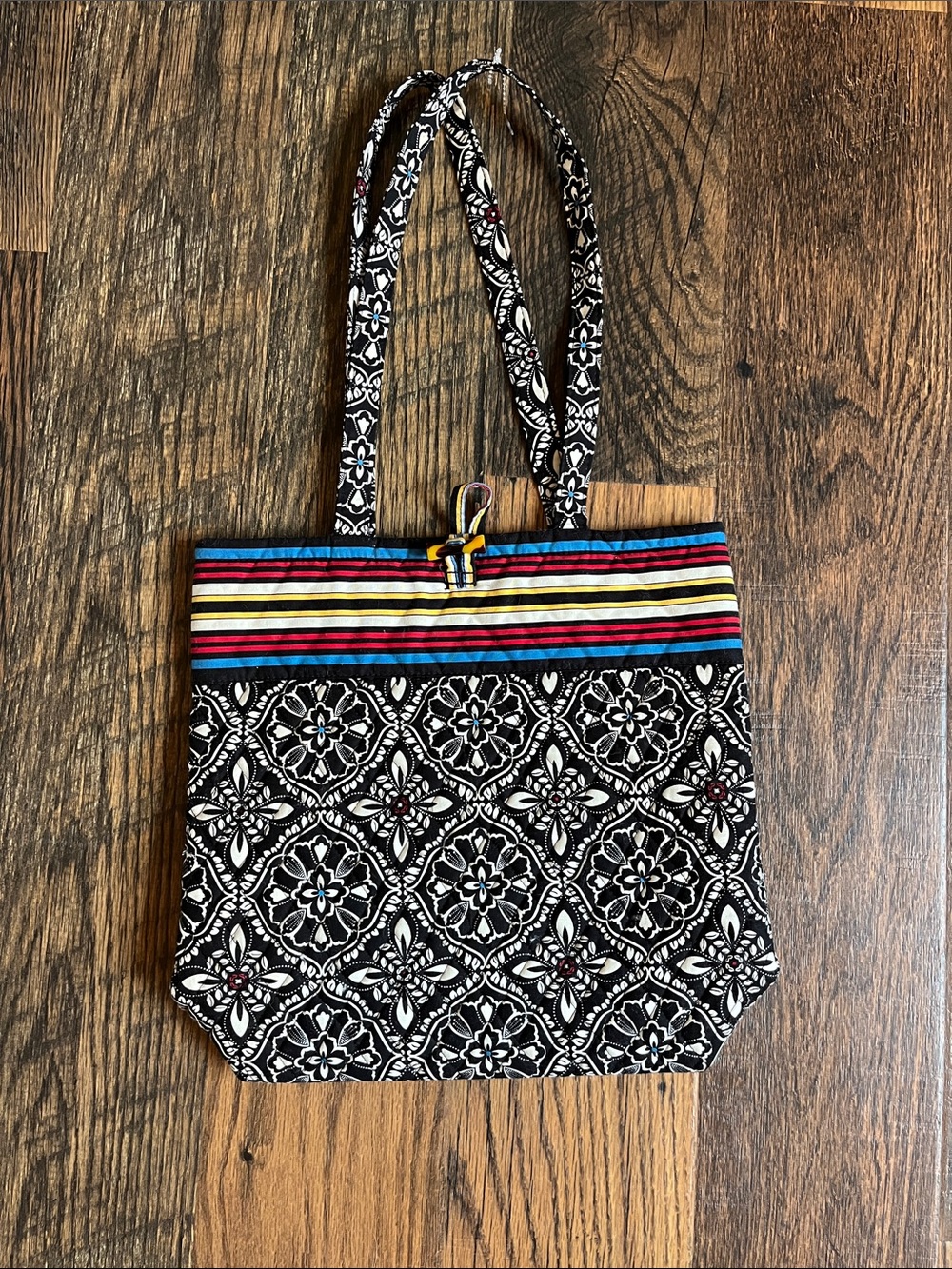 Vera Bradley Black Floral Patterned Tote Bag with Multicolor Stripe Trim